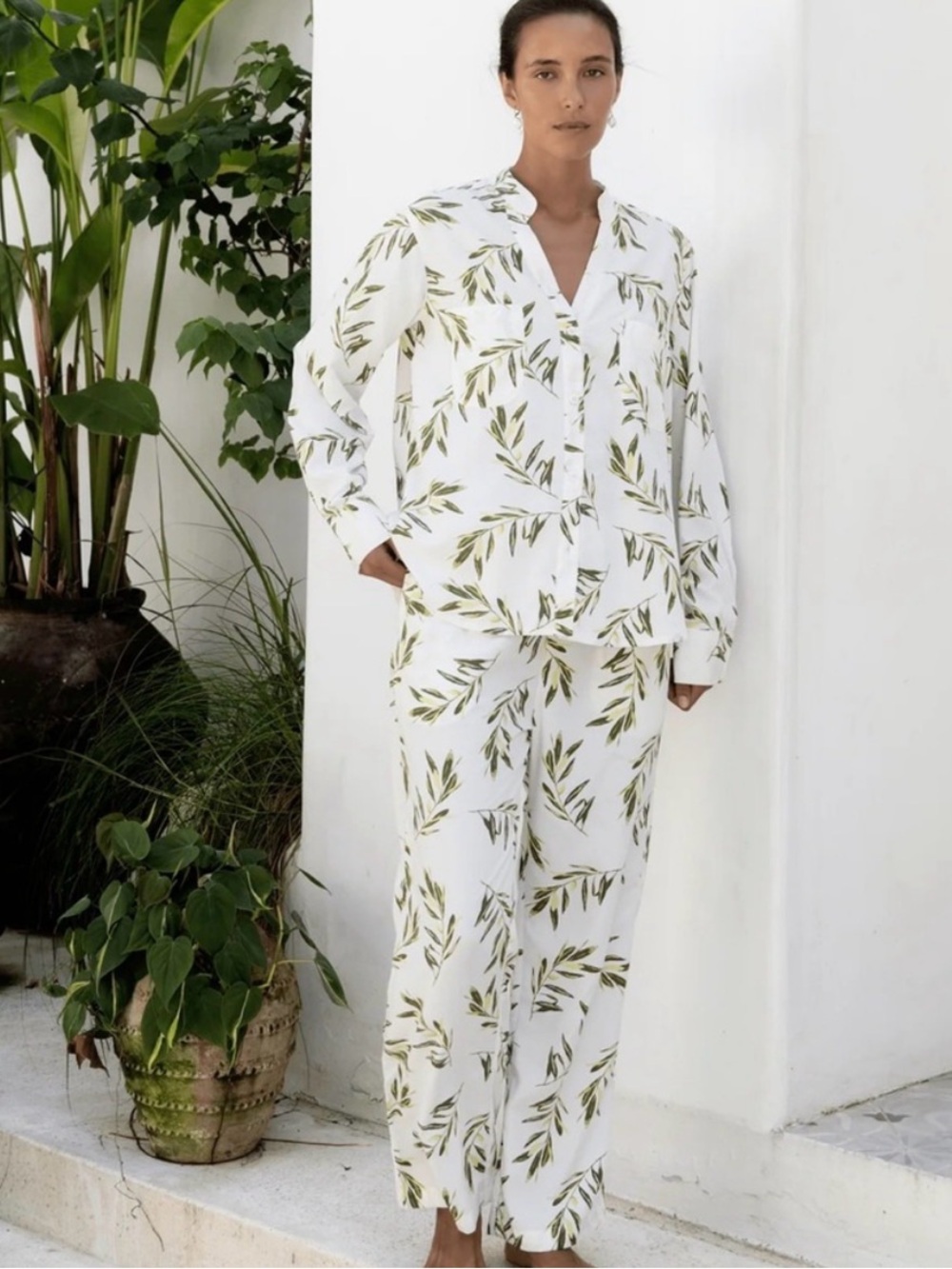 Piyama Marlon Leaf Print Cotton Pajama Set in Cream and Olive Medium Shirt/Pant - Picture 5 of 11